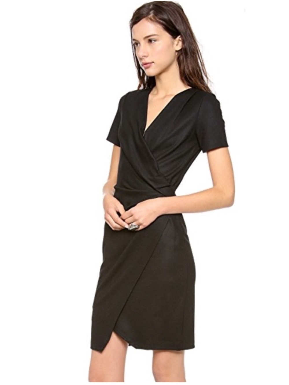 Helmut Lang Sonar Black Wool Wrap Dress Lamb Leather Detail $335. Excellent XS